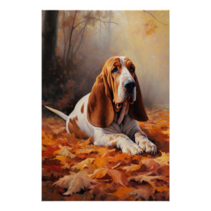 Basset Hound in herfstbladeren val inspireert Perfect Poster