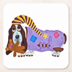 Basset Hound in pyjama met teddybeer Vierkante Kartonnen Onderzetter