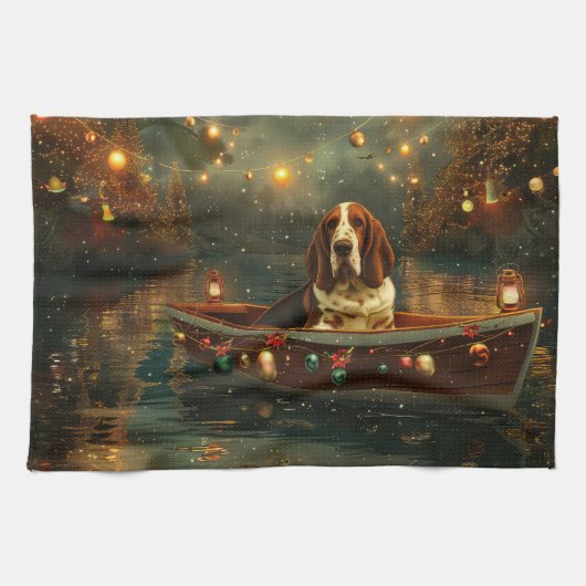 Basset Hound Kerst Feestelijke reis Theedoek (Horizontaal)