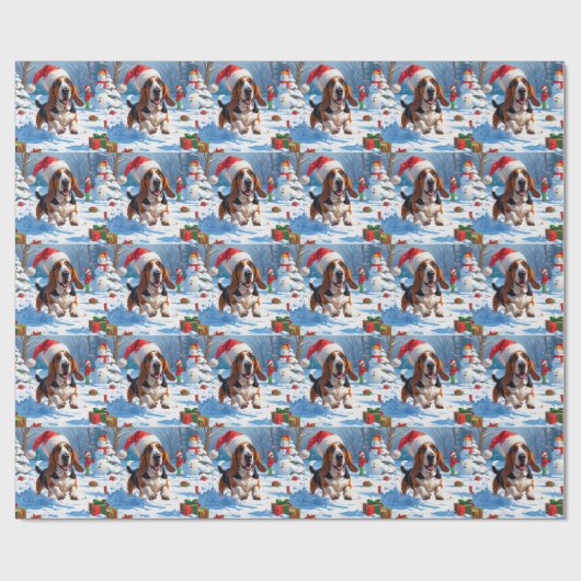 Basset Hound Kerst Feestelijke Sneeuwscène Cadeaupapier (Vlak)