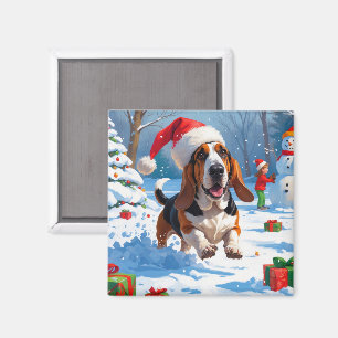 Basset Hound Kerst Feestelijke Sneeuwscène Magneet