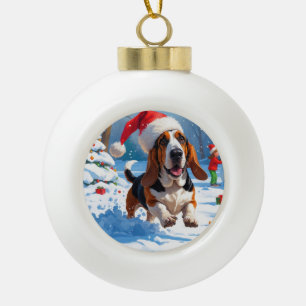 Basset Hound Kerst Sneeuwlandschap Keramische Bal Ornament