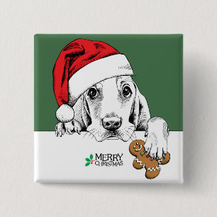 Basset Hound Kerstkoekje Vierkante Button 5,1 Cm