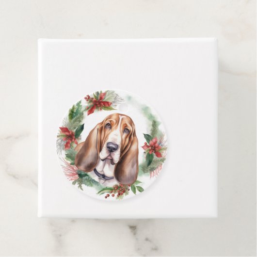 Basset Hound Kerstkrans Feestelijke Pup Bedankjes Labels (In situ)