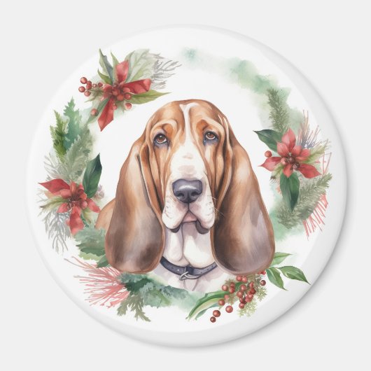 Basset Hound Kerstkrans Feestelijke Pup Magneet (Voorkant)