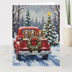 Basset Hound Kerstmis Rode Truck Vakantie Kaart