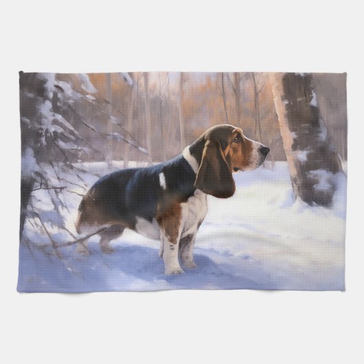 Basset Hound Laat Het Sneeuw Kerstmis Theedoek (Horizontaal)