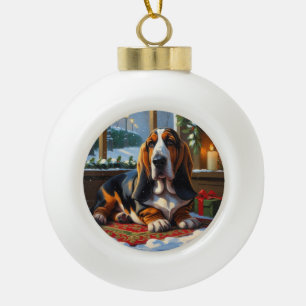 Basset Hound met kerstverlichting Vakantie Keramische Bal Ornament