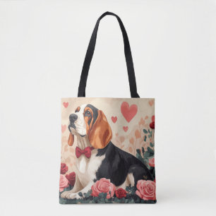 Basset Hound met Rozen - Valentijnsdag Draagtas