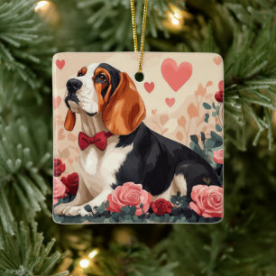 Basset Hound met Rozen - Valentijnsdag Keramisch Ornament