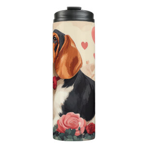 Basset Hound met Rozen - Valentijnsdag  Thermosbeker