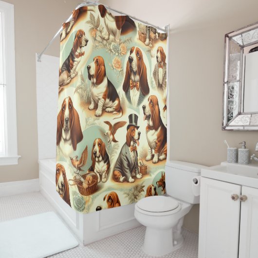 Basset Hound Naadloze Illustratie Douchegordijn (In situ)