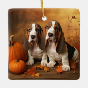 Basset Hound Puppy Herfst Plezier Pompoen Keramisch Ornament
