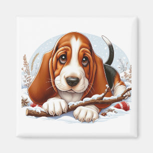 Basset Hound Puppy in een besneeuwde winterscène Magneet