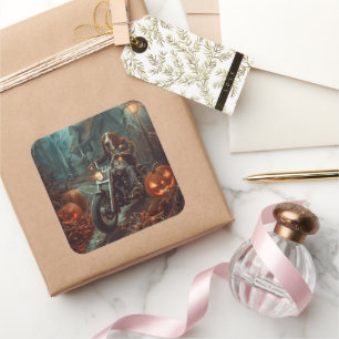 Basset Hound Riding Motorfiets Halloween Eng Vierkante Sticker