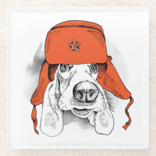 Basset Hound Rood Ushanka-Pet Glazen Onderzetter
