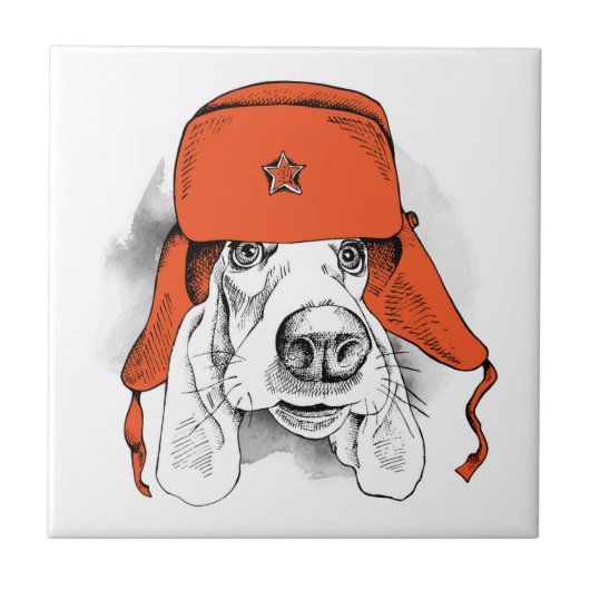 Basset Hound | Rood Ushanka-Pet Tegeltje (Voorkant)