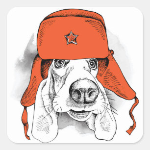 Basset Hound Rood Ushanka-Pet Vierkante Sticker