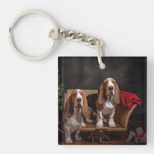 Basset Hound Sneeuw Slede Kerst Decoratie Sleutelhanger