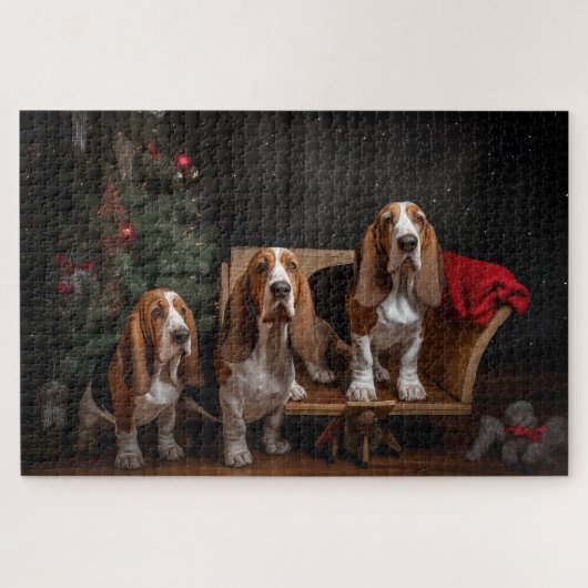 Basset Hound Snowy Sleigh Kerst Decor Legpuzzel (Horizontaal)