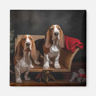 Basset Hound Snowy Sleigh Kerst Decor Magneet
