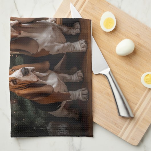 Basset Hound Snowy Sleigh Kerst Decor Theedoek (Quarter Fold)