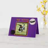 Basset Hound "Sorcière" sur la drôle carte d'Hallo (Fleur jaune)