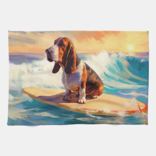 Basset Hound Strand Surfen Schilderij Theedoek