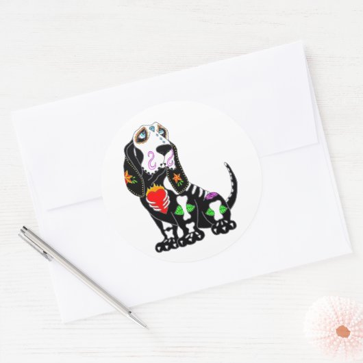 Basset Hound Sugar Skull Ronde Sticker (Envelop)