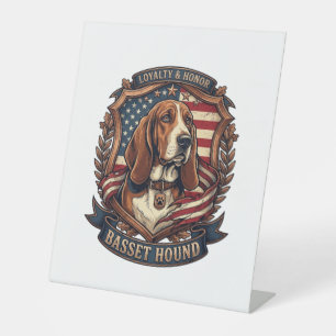 Basset Hound Trouw Eer Hond Amerikaans Vlag Schild Reclamebord Met Voetstuk
