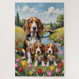 Basset Hound Tulpenweide Kunst Legpuzzel