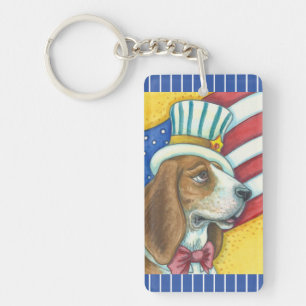 BASSET HOUND UNCLE SAM, PATRIOTIC DOG SLEUTELHANGE SLEUTELHANGER