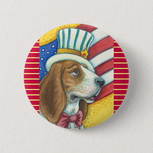 BASSET HOUND UNCLE SAM, PATRIOTISCHE DOG BUTTON Ro