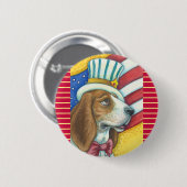 BASSET HOUND UNCLE SAM, PATRIOTISCHE DOG BUTTON Ro (Voorkant /achterkant)