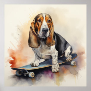 Basset Hound zittend op skateboard Poster