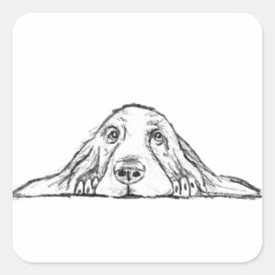 basset hound zwart wit eenvoudig puppy hondenogen vierkante sticker