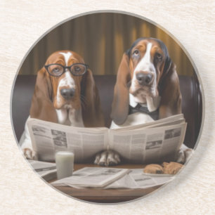 Basset hounds lezen van de krant zandsteen onderzetter