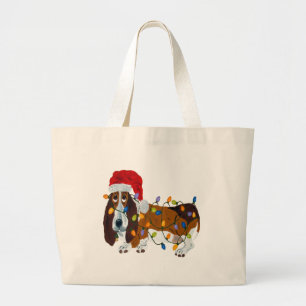 Basset in de knoop met kerstverlichting grote tote bag