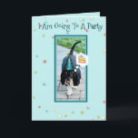 Basset mignon et amusant sur carte d'anniversaire<br><div class="desc">Cute & Funny Basset Hound Going To A Party on Birthday Card W/Cake</div>