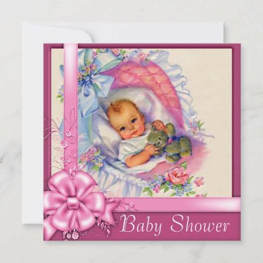  Bassinet Rozen Baby Meisje Douche Kaart (Voorkant)