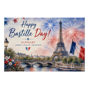 Bastille Dag Eiffeltoren Seine rivier vuurwerk Perfect Poster