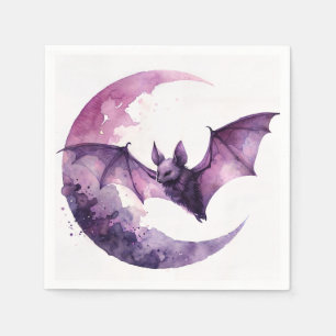 Bat en Crescent Moon Paarse Waterverf Art Servet