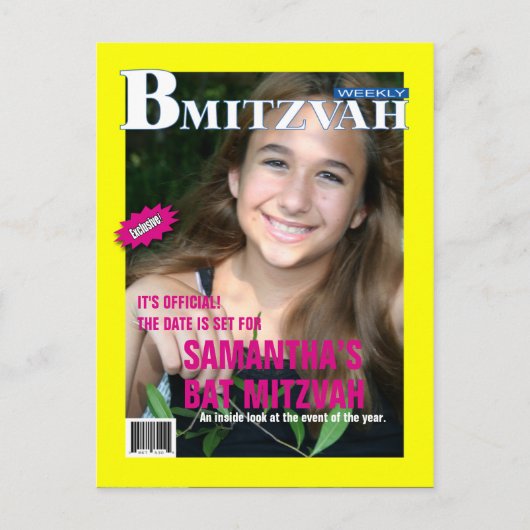 Bat Mitswa Magazine Bewaar de datum geel roze Aankondigingskaart (Voorkant)