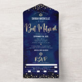 Bat Mitswa Navy Gold Glitter Script Party Modern All In One Uitnodiging (Binnen)