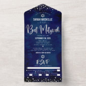 Bat Mitswa Navy Silver Glitter Script Party Bold All In One Uitnodiging (Binnen)