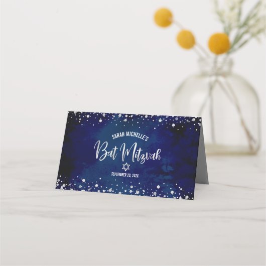 Bat Mitswa Navy Waterverf Silver Glitter Script (Achterkant)