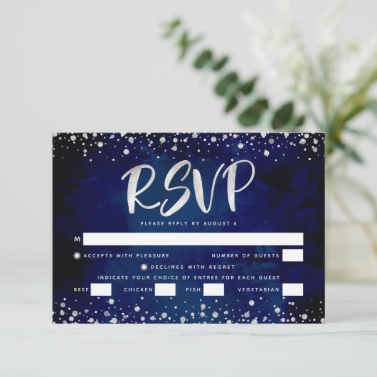 Bat Mitswa Navy Waterverf Silver Script Entrée RSVP Kaartje (Staand voorkant)