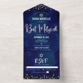 Bat Mitswa Navy Zilver Glitter Script Modern Bold All In One Uitnodiging (Binnen)