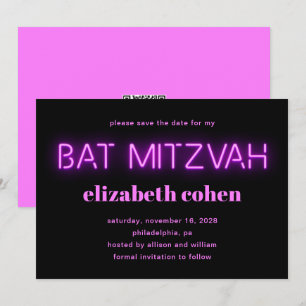 Bat Mitswa Pink Neon Lights QR-code Save the Date Kaart