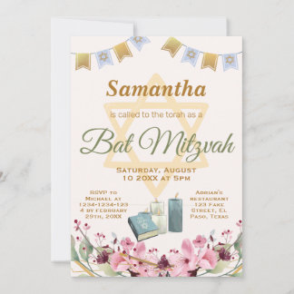 Bat mitswa uitnodiging: Bloemen, torah Kaart